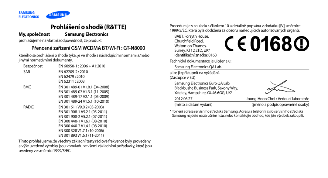 Samsung GT-N8000EAAATO, GT-N8000ZWAEUR, GT-N8000ZWAATO, GT-N8000EAAXEZ, GT-N8000ZWAXSK manual Prohlášení o shodě R&TTE 