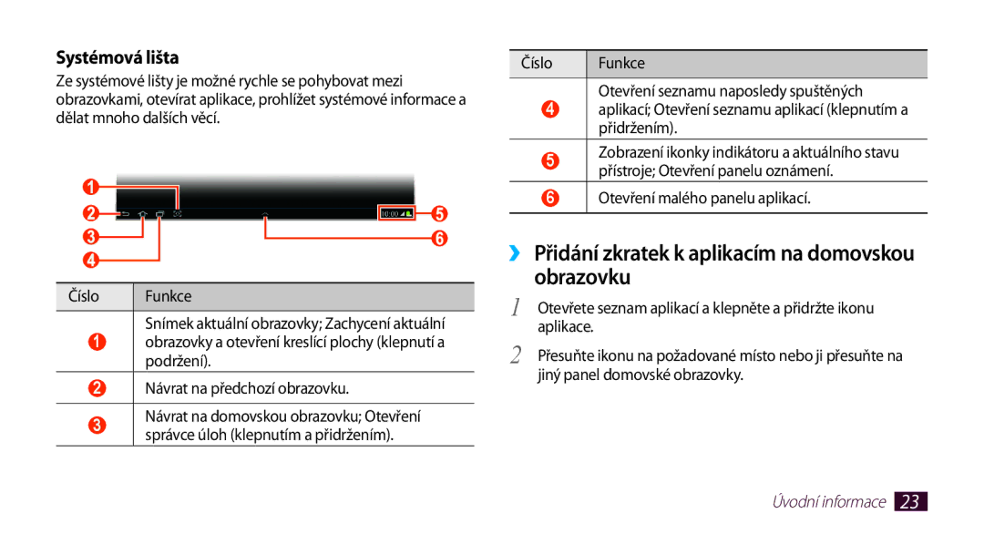 Samsung GT-N8000GRAXSK, GT-N8000EAAATO ›› Přidání zkratek k aplikacím na domovskou obrazovku, Systémová lišta, Aplikace 