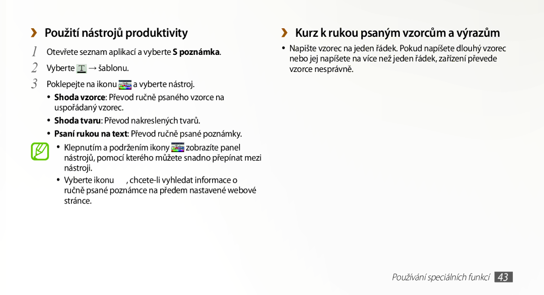 Samsung GT-N8000EAAXSK, GT-N8000EAAATO manual Použití nástrojů produktivity, ›› Kurz k rukou psaným vzorcům a výrazům 