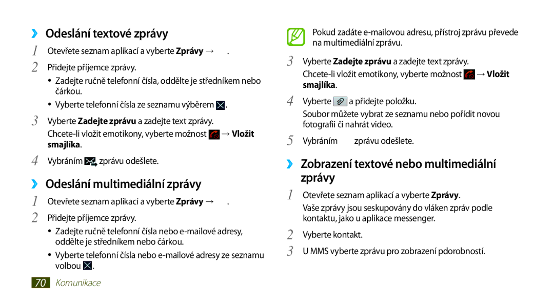 Samsung GT-N8000EAAXSK ›› Odeslání textové zprávy, ›› Zobrazení textové nebo multimediální zprávy, → Vložit, Smajlíka 