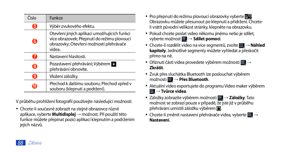 Samsung GT-N8000EAAXSK manual Číslo Funkce Výběr zvukového efektu, Vložení záložky, Přímo na ně, Zkrátit, → Tvůrce videa 