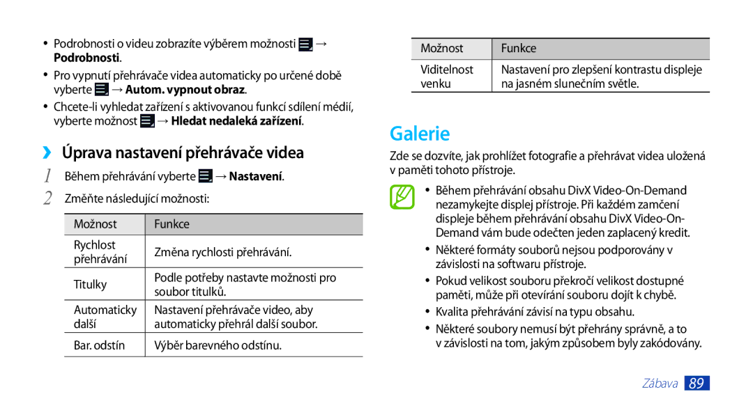 Samsung GT-N8000ZWAXEZ, GT-N8000EAAATO manual Galerie, ›› Úprava nastavení přehrávače videa, Podrobnosti, → Nastavení 