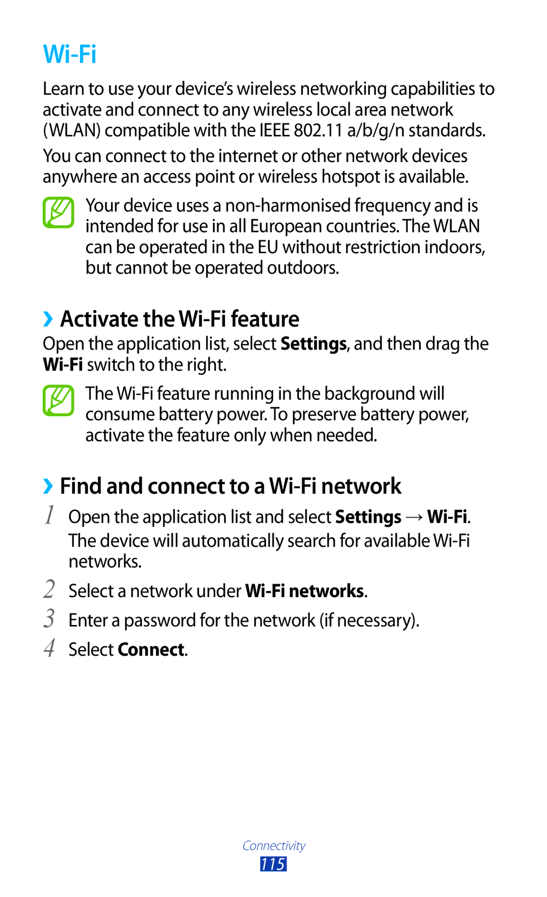 Samsung GT-N8000EAABTU user manual ››Activate the Wi-Fi feature, ››Find and connect to a Wi-Fi network 