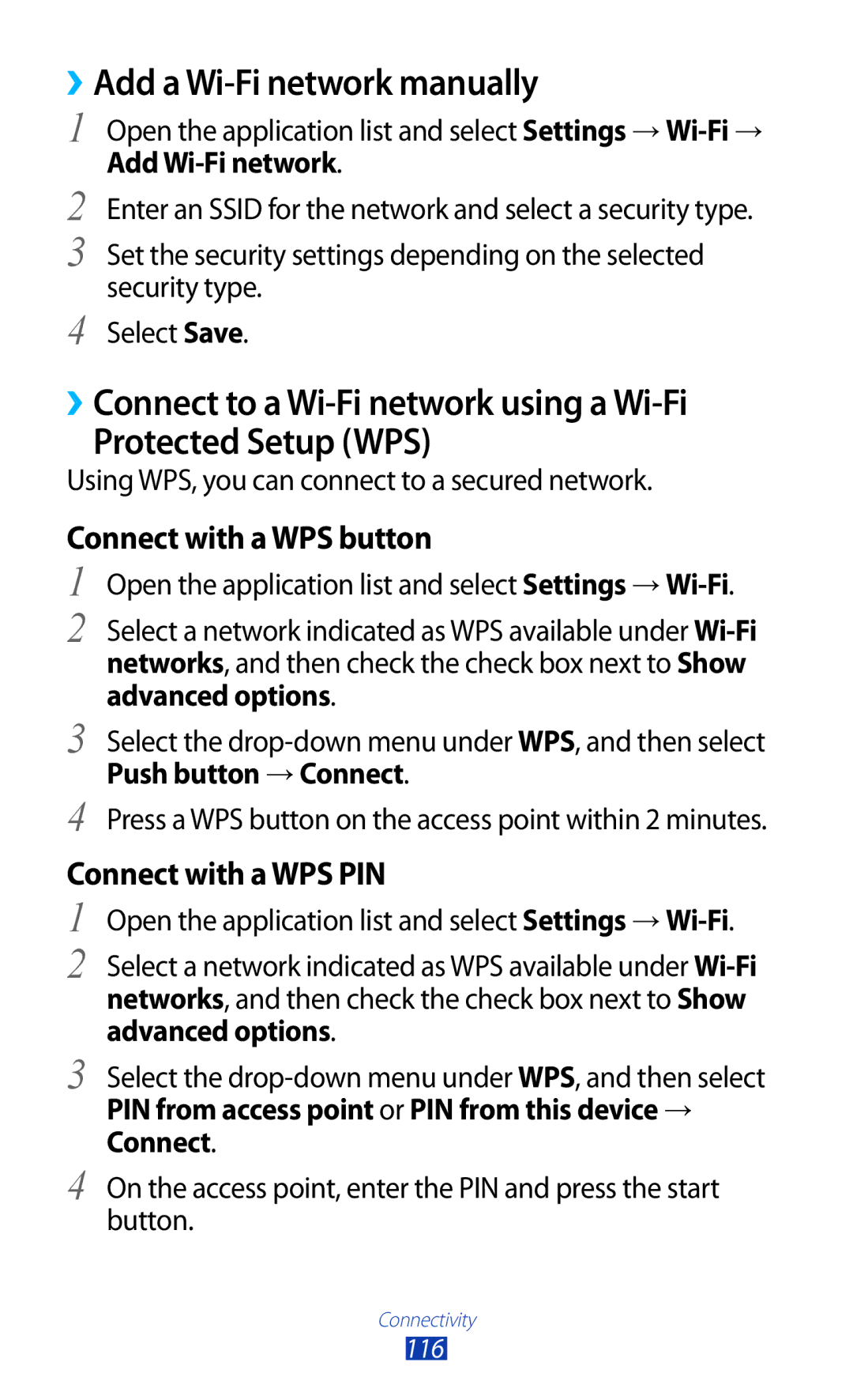 Samsung GT-N8000EAABTU user manual ››Add a Wi-Fi network manually, Connect with a WPS button, Connect with a WPS PIN 