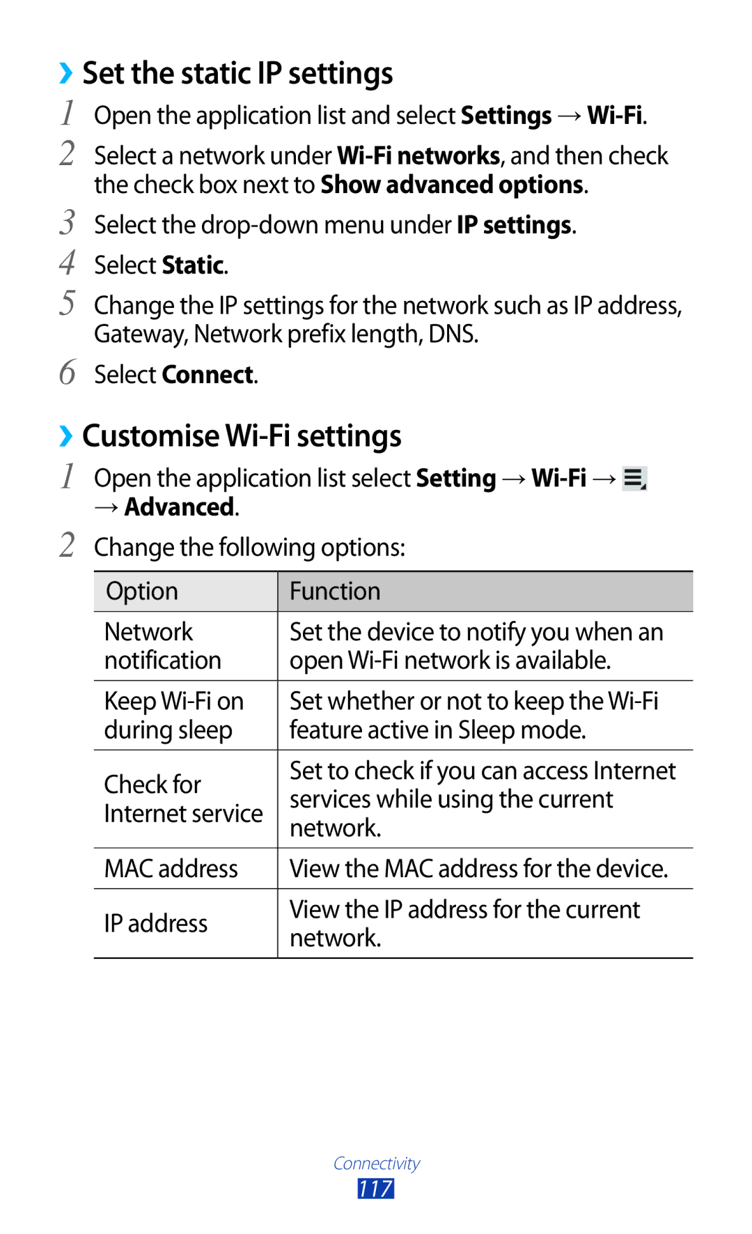 Samsung GT-N8000EAABTU user manual ››Set the static IP settings, ››Customise Wi-Fi settings, → Advanced 