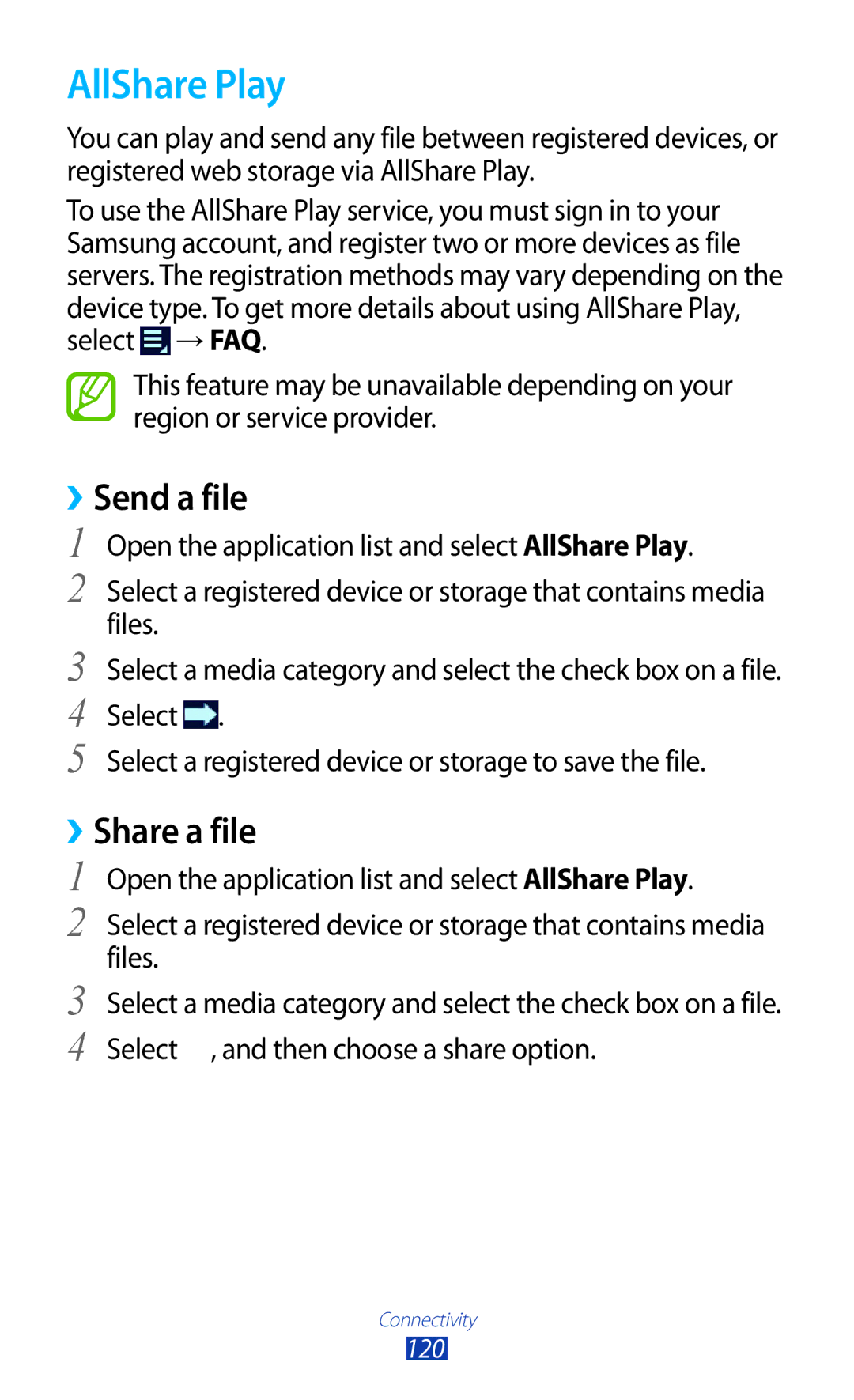 Samsung GT-N8000EAABTU user manual AllShare Play, ››Send a file, ››Share a file 