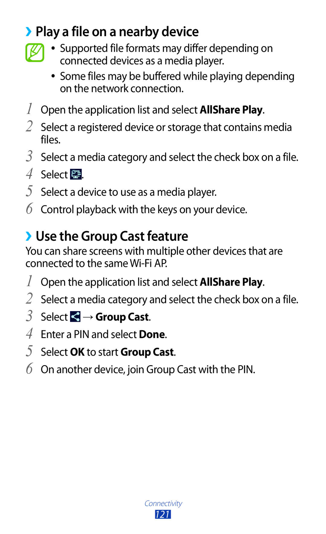 Samsung GT-N8000EAABTU user manual ››Play a file on a nearby device, ››Use the Group Cast feature, Select → Group Cast 