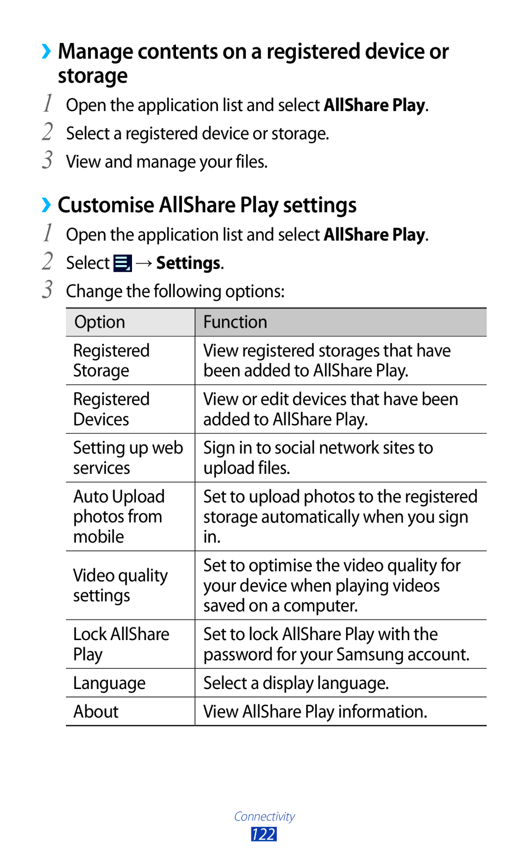 Samsung GT-N8000EAABTU user manual ››Manage contents on a registered device or storage, ››Customise AllShare Play settings 