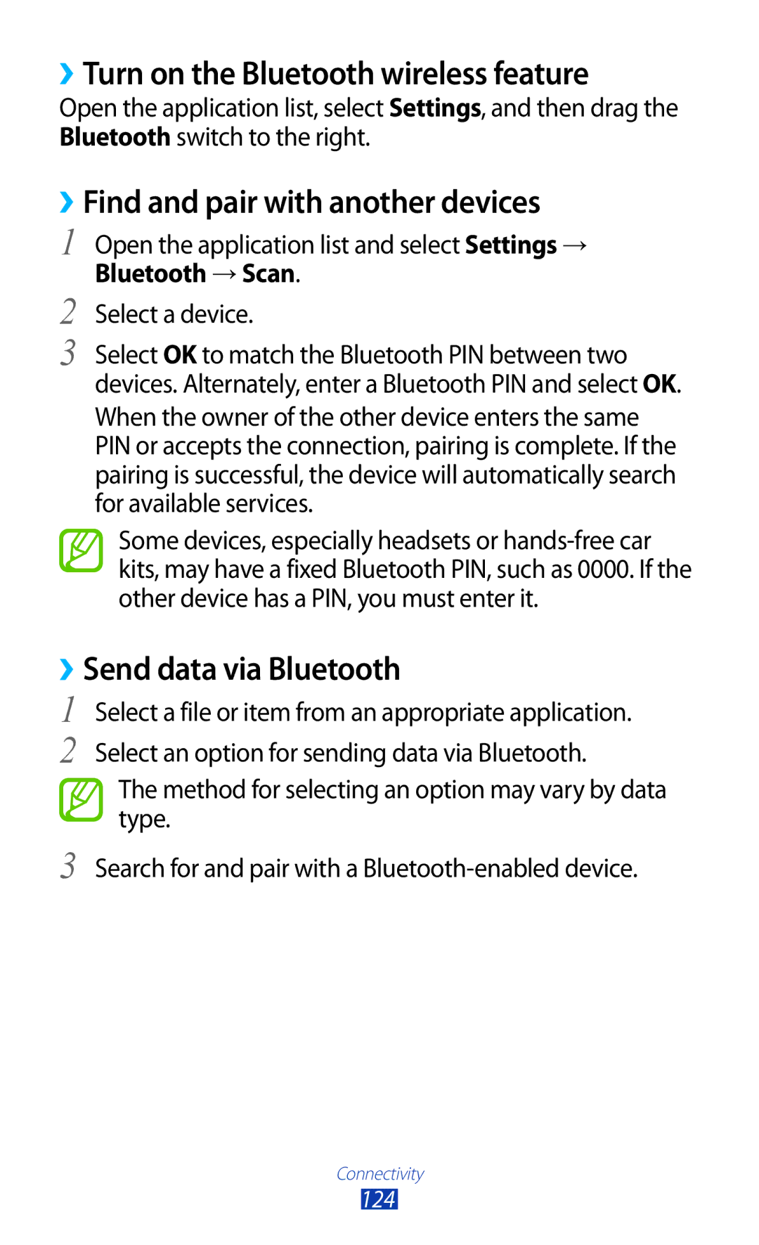 Samsung GT-N8000EAABTU user manual ››Turn on the Bluetooth wireless feature, ››Find and pair with another devices 