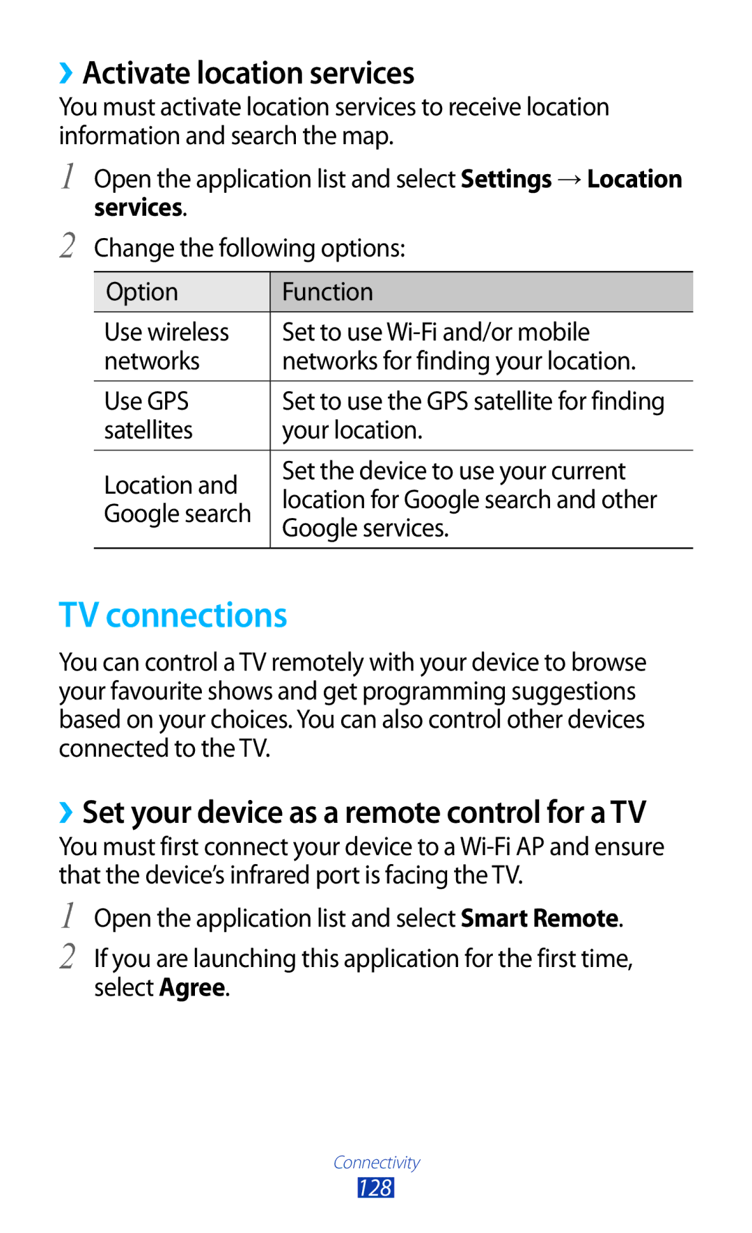 Samsung GT-N8000EAABTU user manual TV connections, ››Activate location services, Google search, Google services 