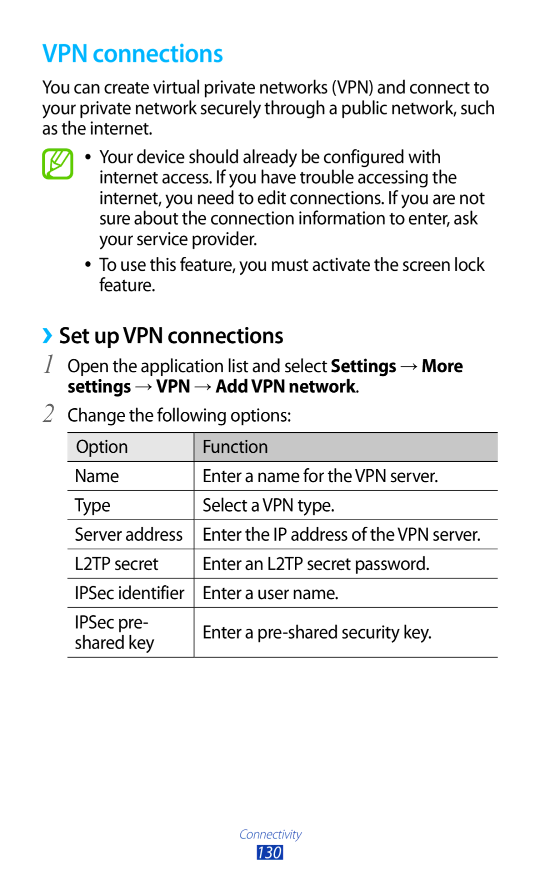 Samsung GT-N8000EAABTU user manual ››Set up VPN connections, Settings → VPN → Add VPN network 