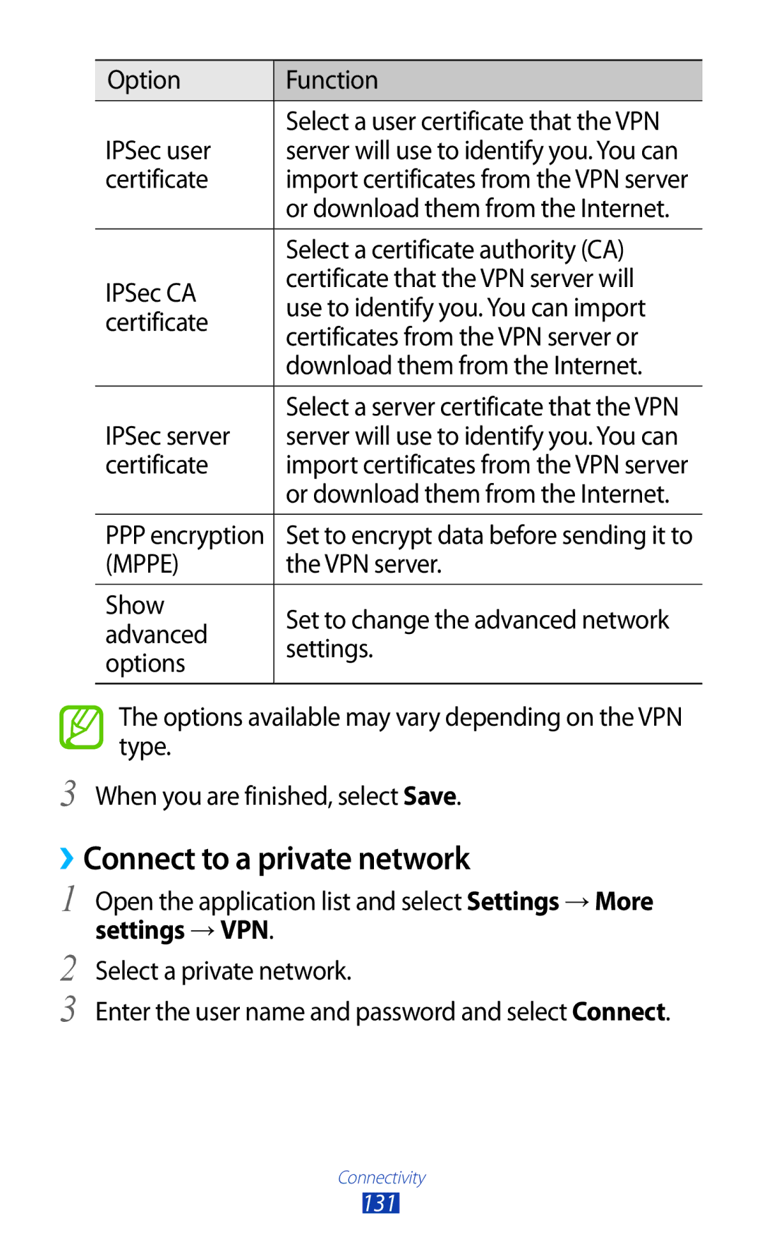 Samsung GT-N8000EAABTU user manual ››Connect to a private network, Settings → VPN 