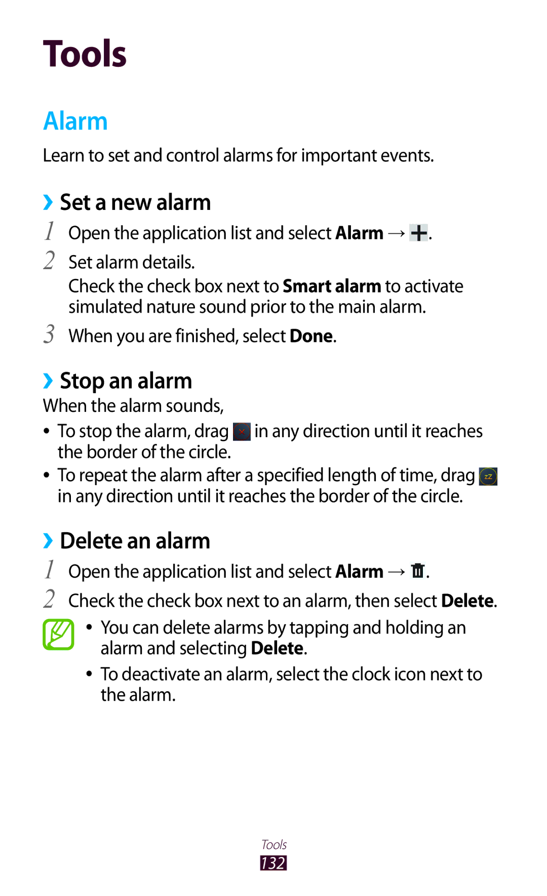 Samsung GT-N8000EAABTU user manual Alarm, ››Set a new alarm, ››Stop an alarm, ››Delete an alarm 