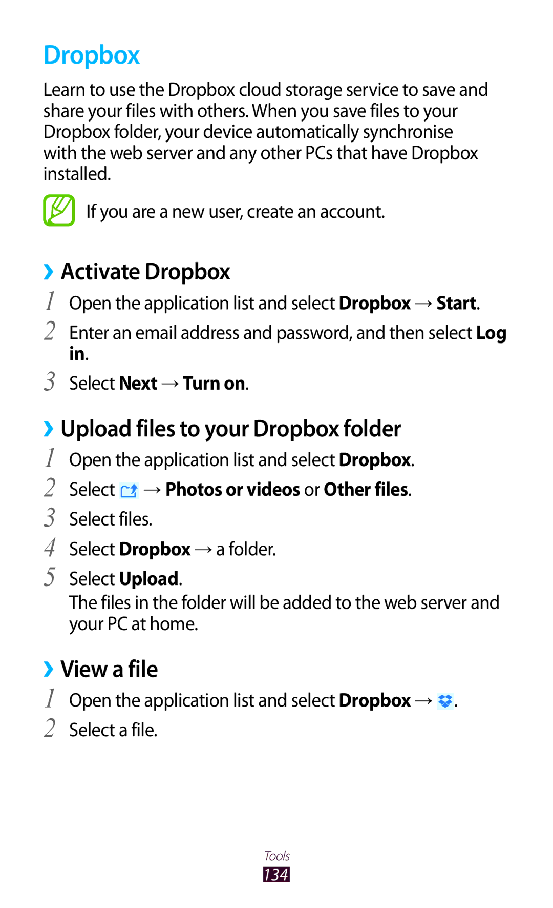 Samsung GT-N8000EAABTU user manual ››Activate Dropbox, ››Upload files to your Dropbox folder, ››View a file 