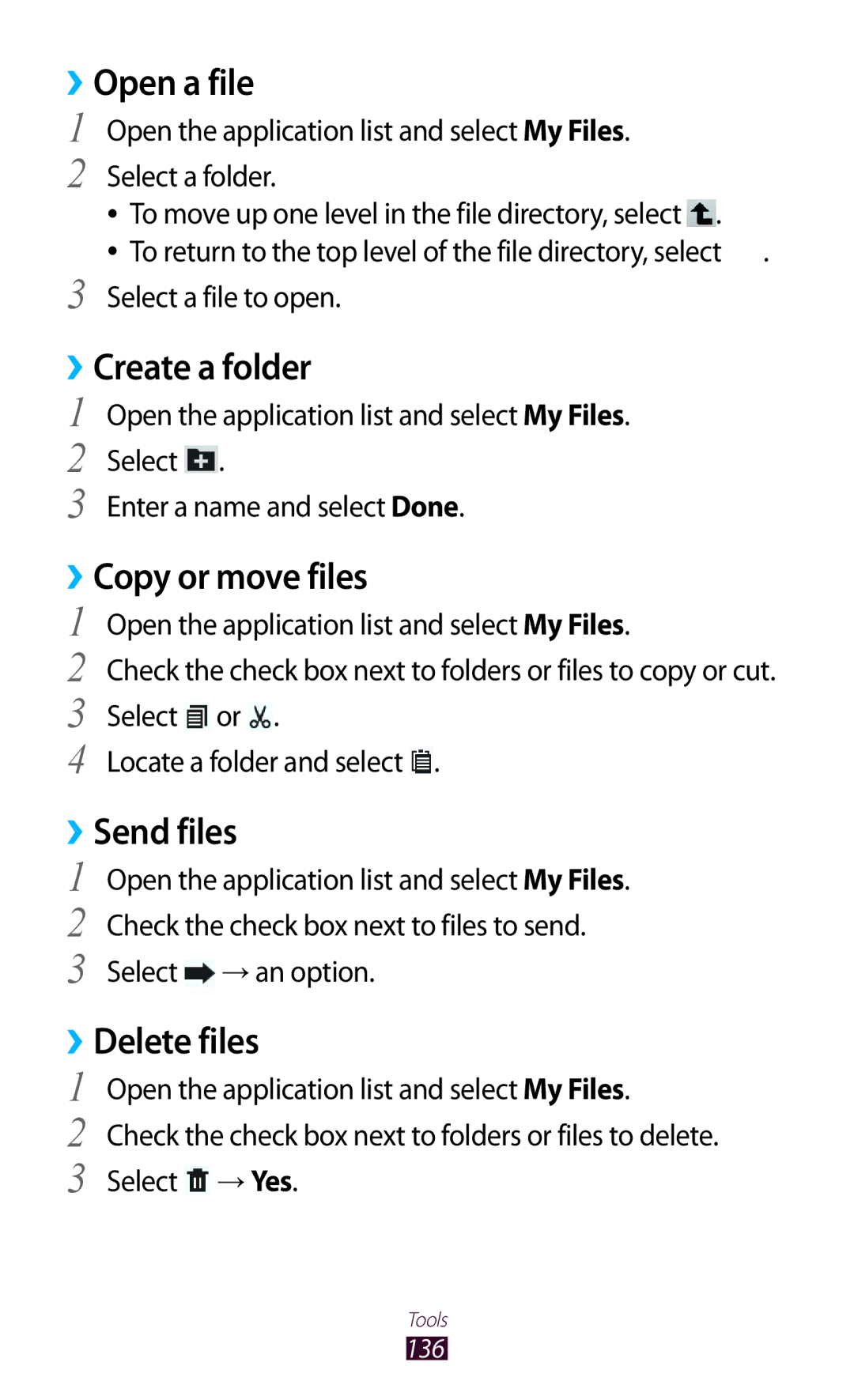 Samsung GT-N8000EAABTU user manual Open a file, Create a folder, Copy or move files, Send files, Delete files 