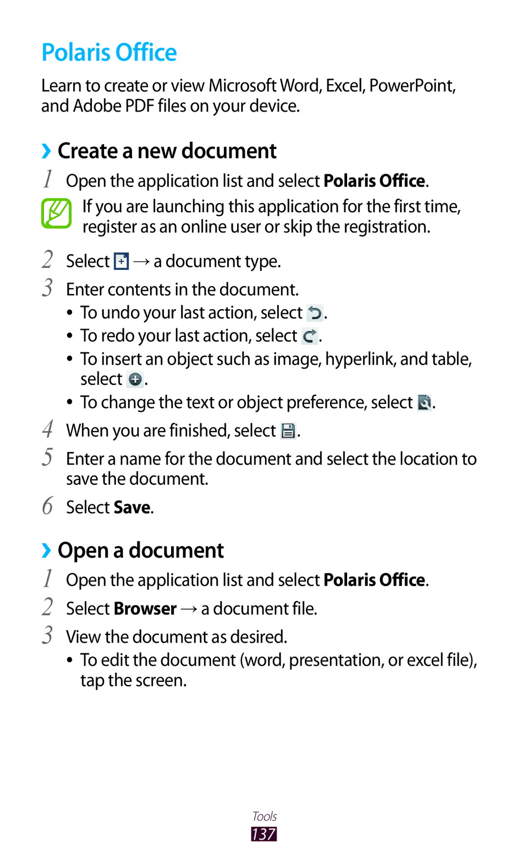 Samsung GT-N8000EAABTU user manual Polaris Office, ››Create a new document, ››Open a document 