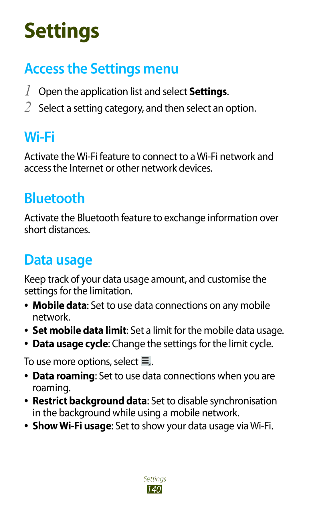 Samsung GT-N8000EAABTU user manual Access the Settings menu, Data usage 