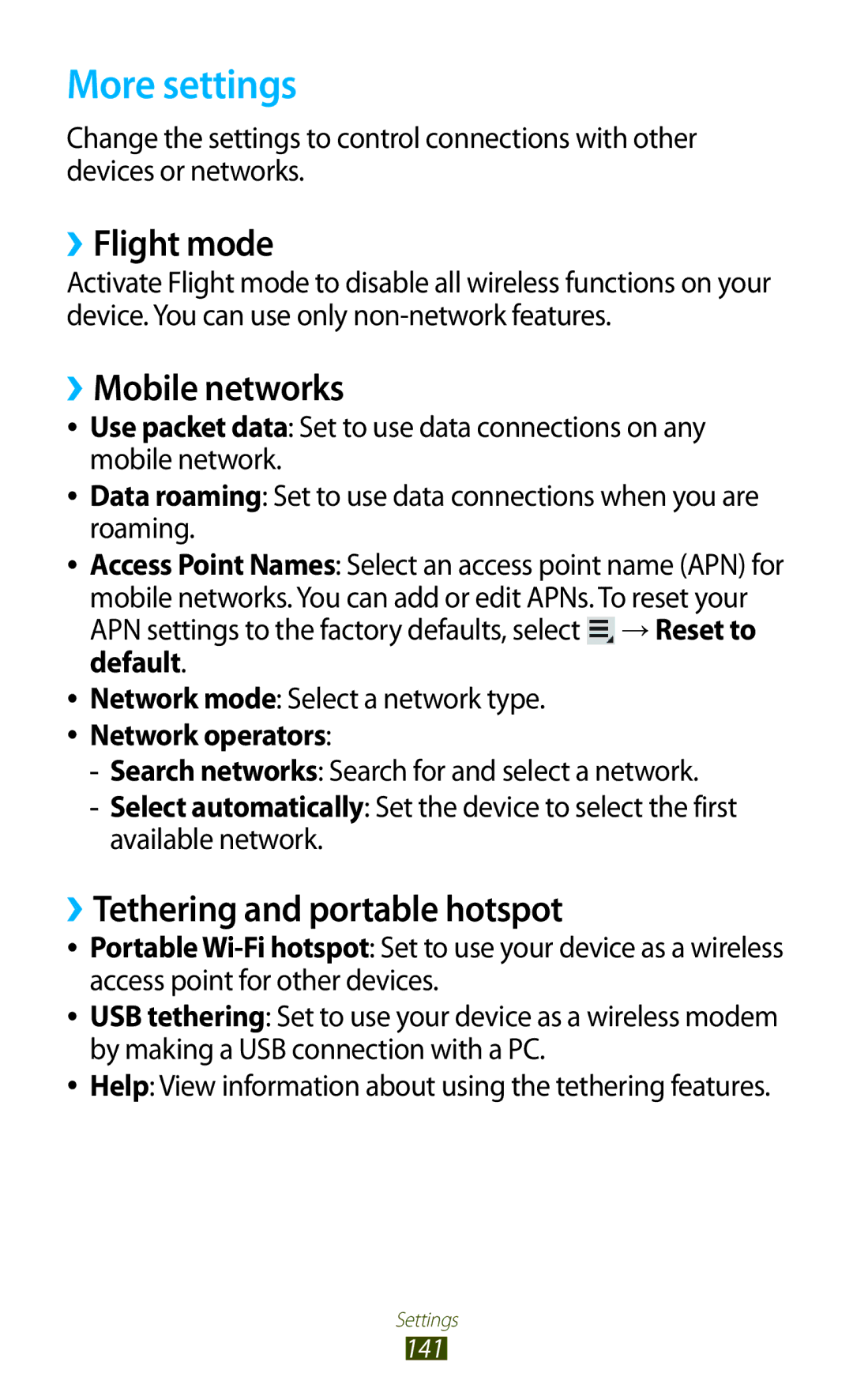 Samsung GT-N8000EAABTU user manual More settings, ››Flight mode, ››Mobile networks, ››Tethering and portable hotspot 