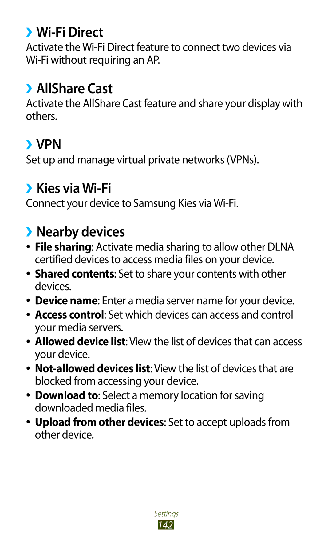 Samsung GT-N8000EAABTU user manual ››Wi-Fi Direct, ››AllShare Cast, ››Kies via Wi-Fi, ››Nearby devices 