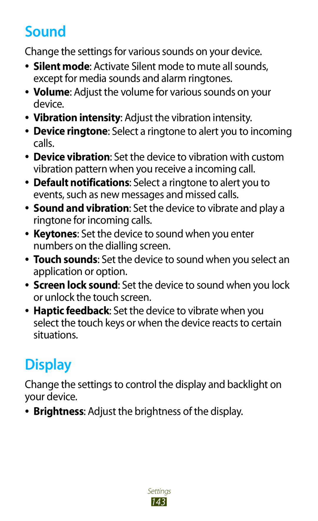 Samsung GT-N8000EAABTU user manual Sound, Display, Change the settings for various sounds on your device 