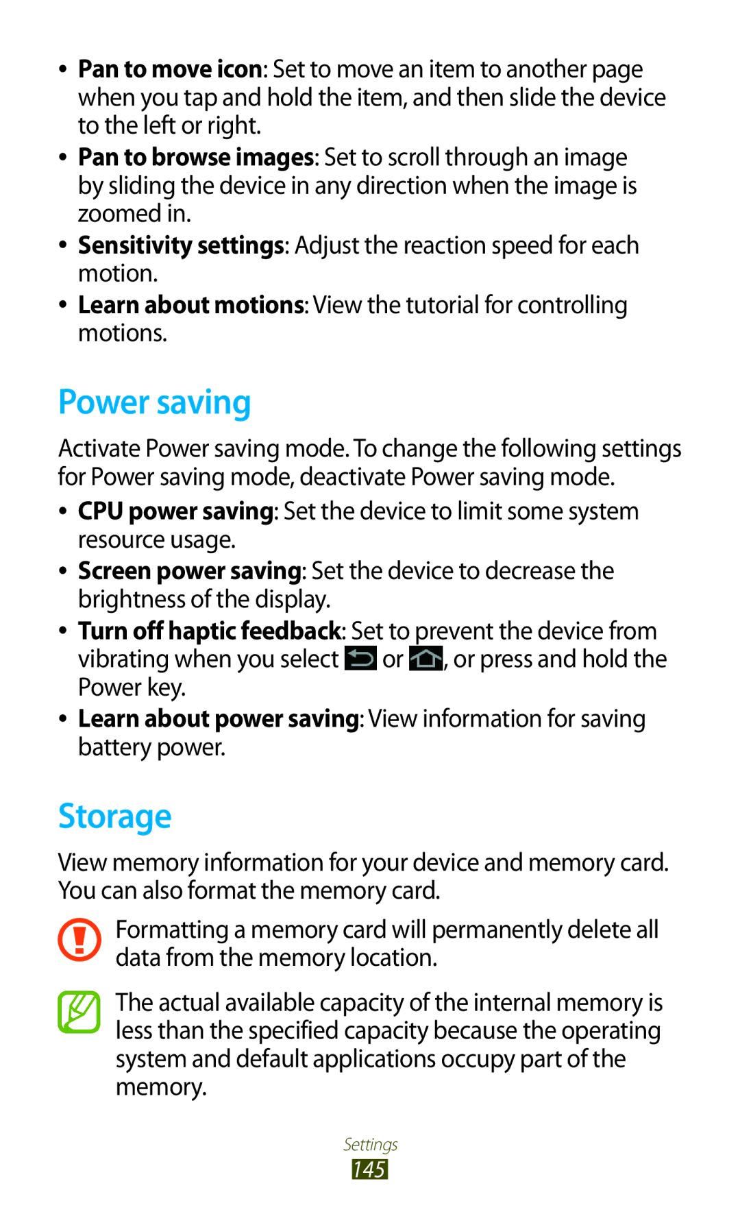 Samsung GT-N8000EAABTU user manual Power saving, Storage 