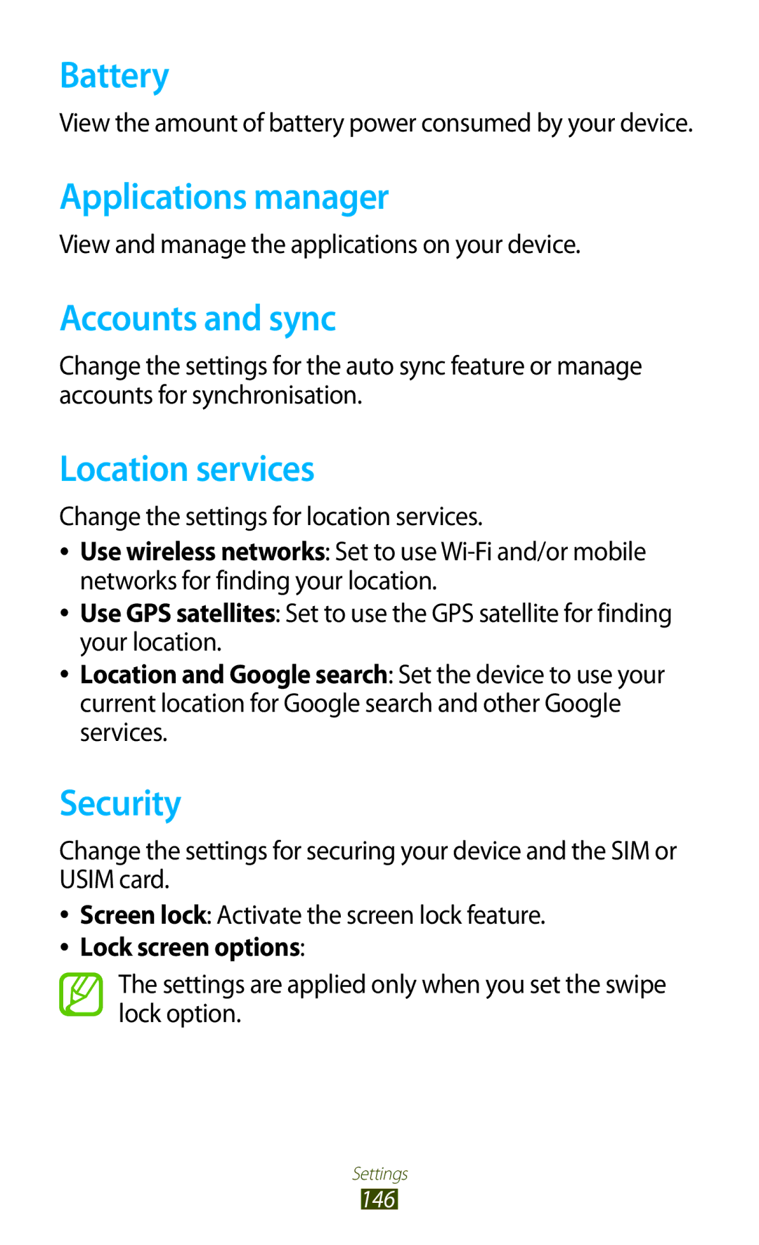 Samsung GT-N8000EAABTU user manual Battery, Applications manager, Accounts and sync, Location services, Security 