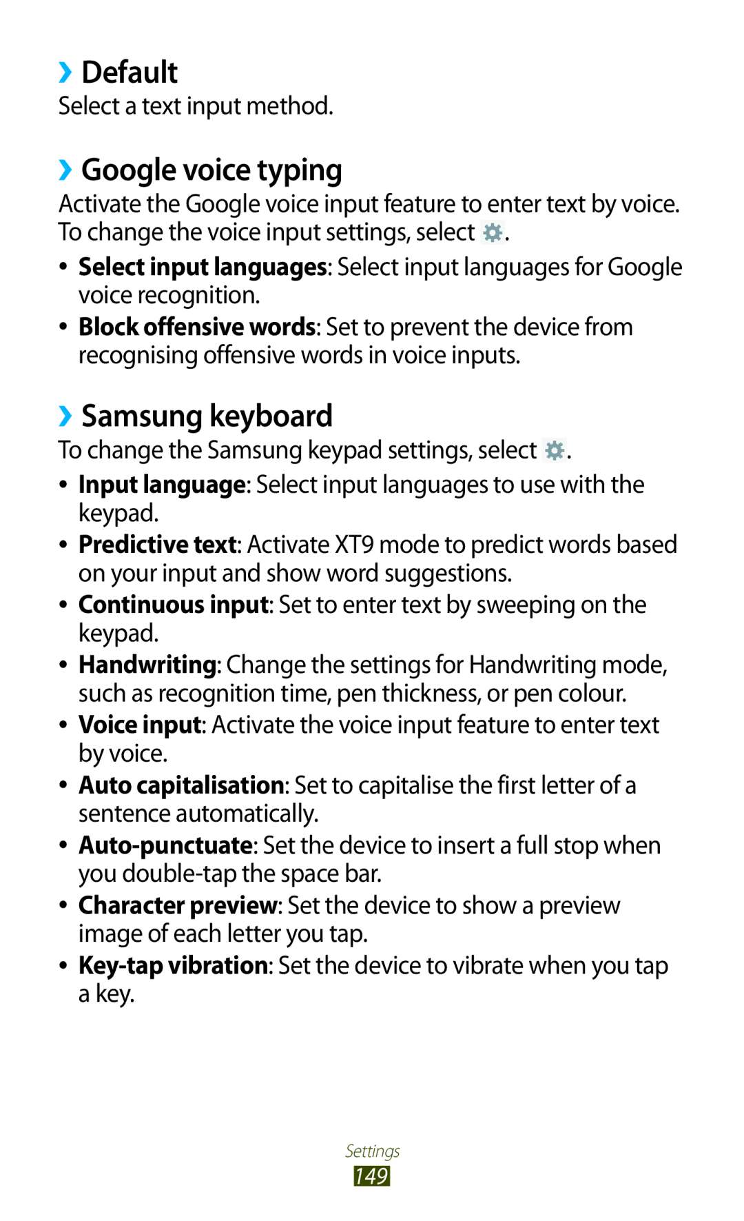 Samsung GT-N8000EAABTU user manual ››Default, ››Google voice typing, ››Samsung keyboard, Select a text input method 