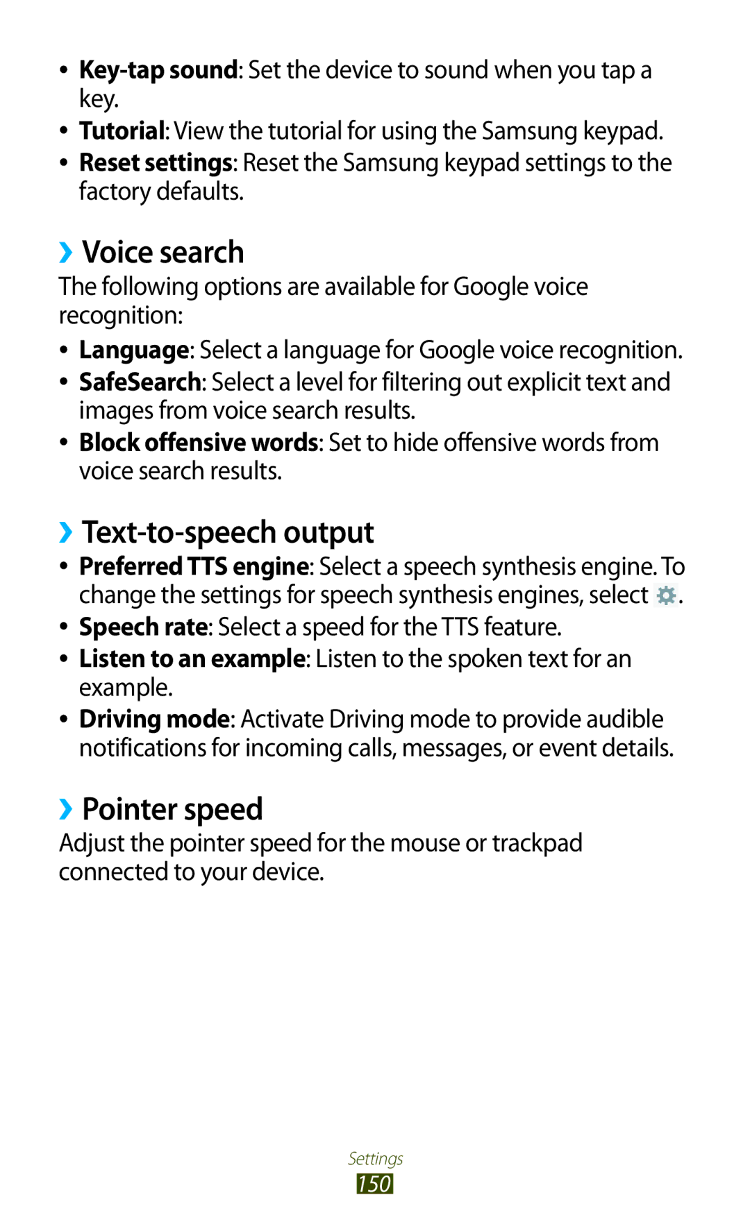 Samsung GT-N8000EAABTU user manual ››Voice search, ››Text-to-speech output, ››Pointer speed 