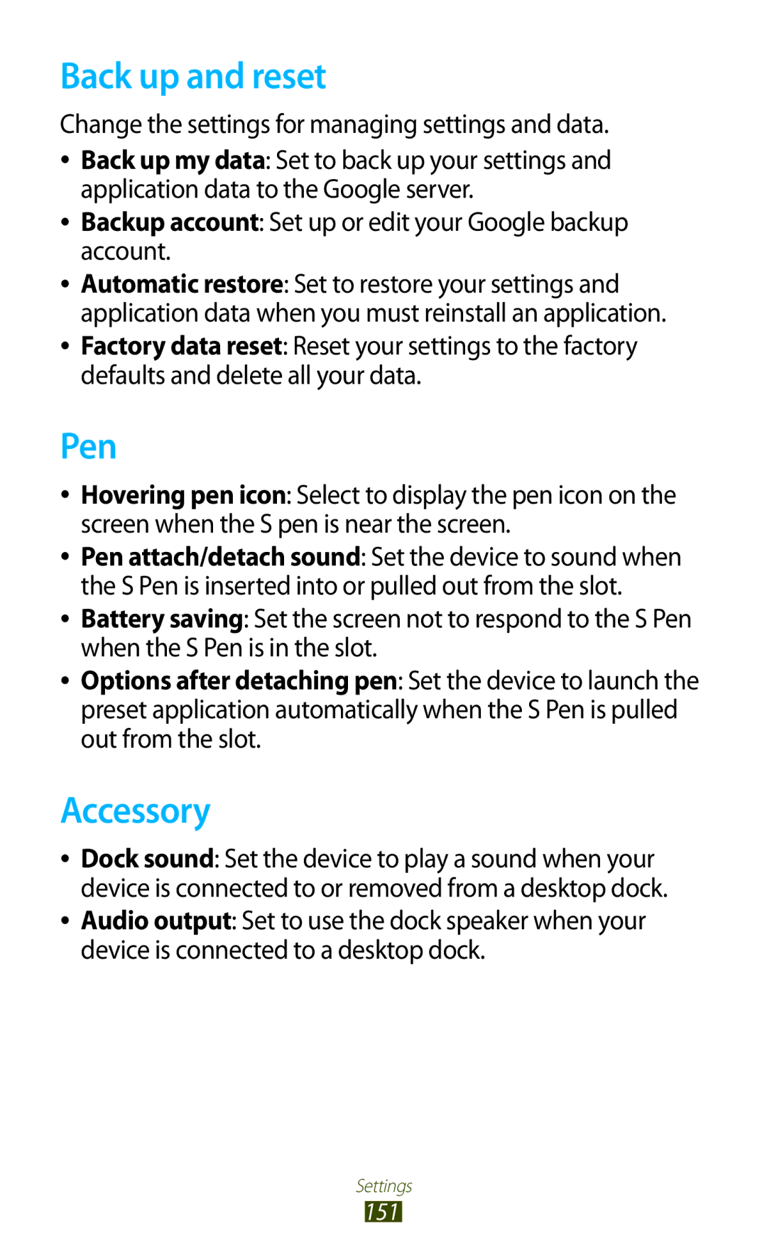 Samsung GT-N8000EAABTU user manual Back up and reset, Pen, Accessory, Change the settings for managing settings and data 