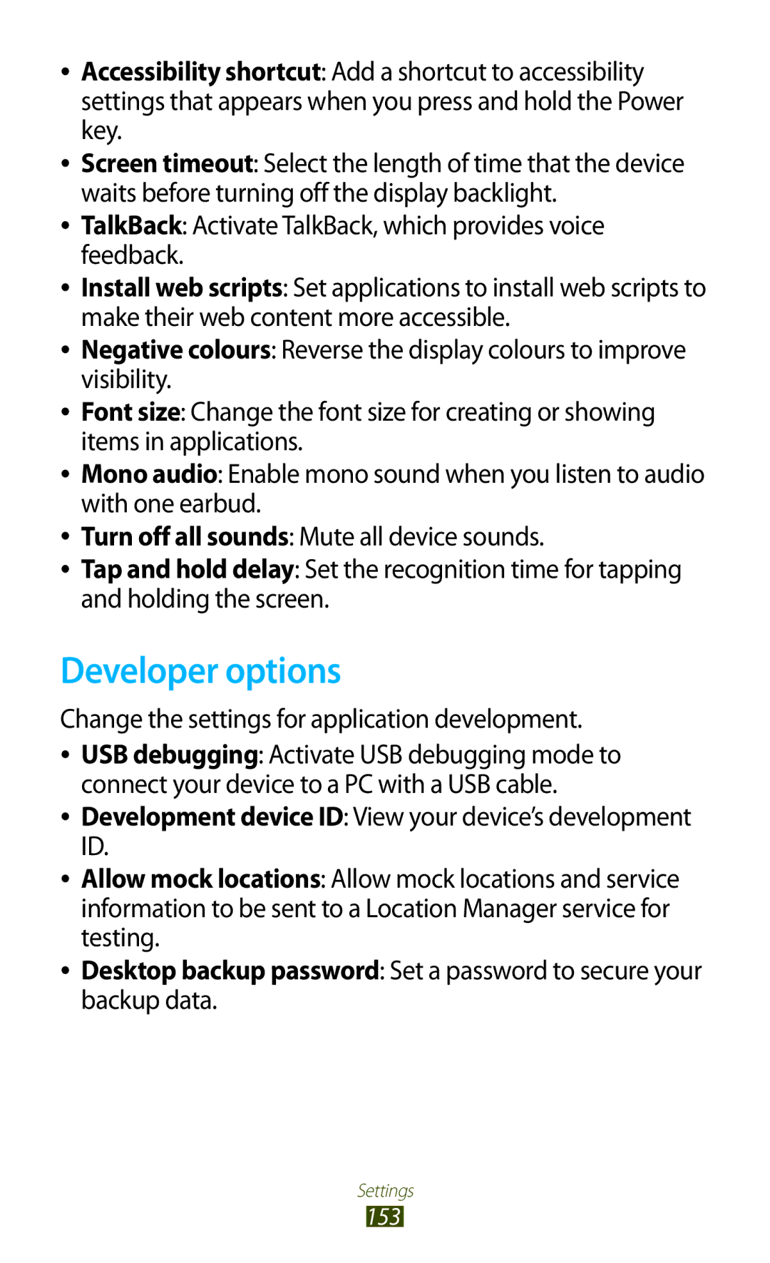 Samsung GT-N8000EAABTU user manual Developer options, Change the settings for application development 