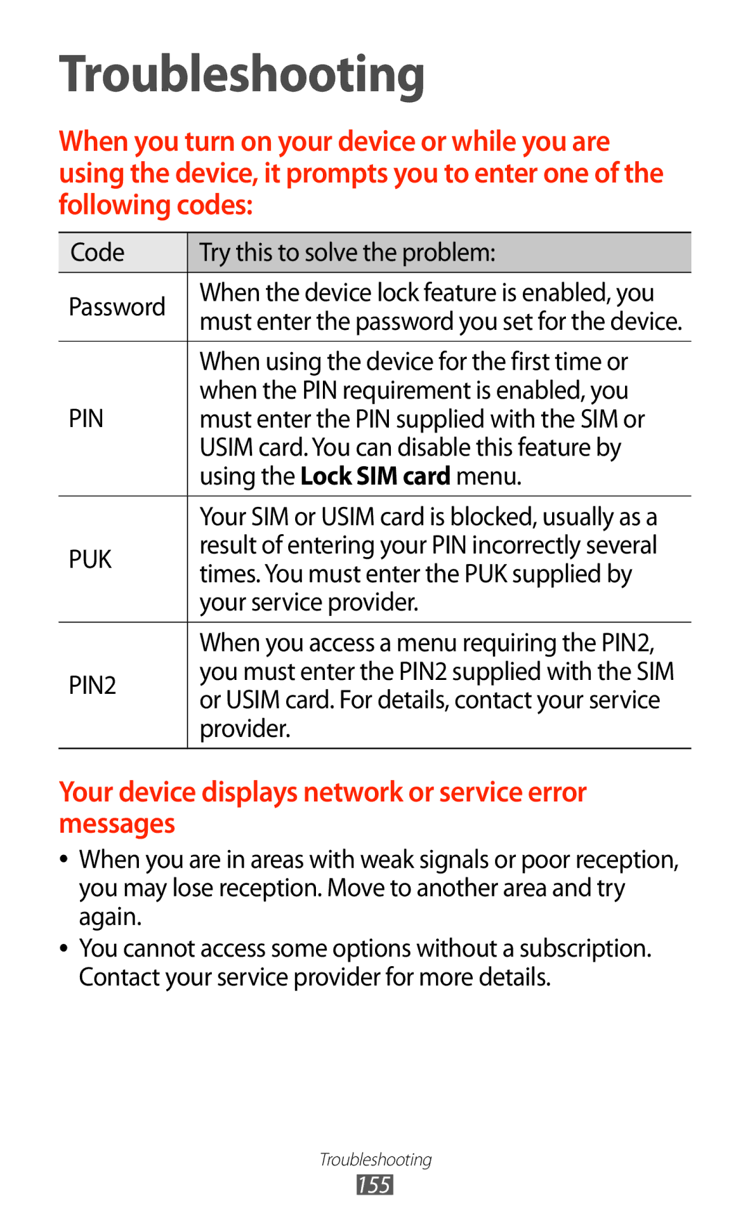 Samsung GT-N8000 Code Try this to solve the problem Password, When using the device for the first time or, Provider 