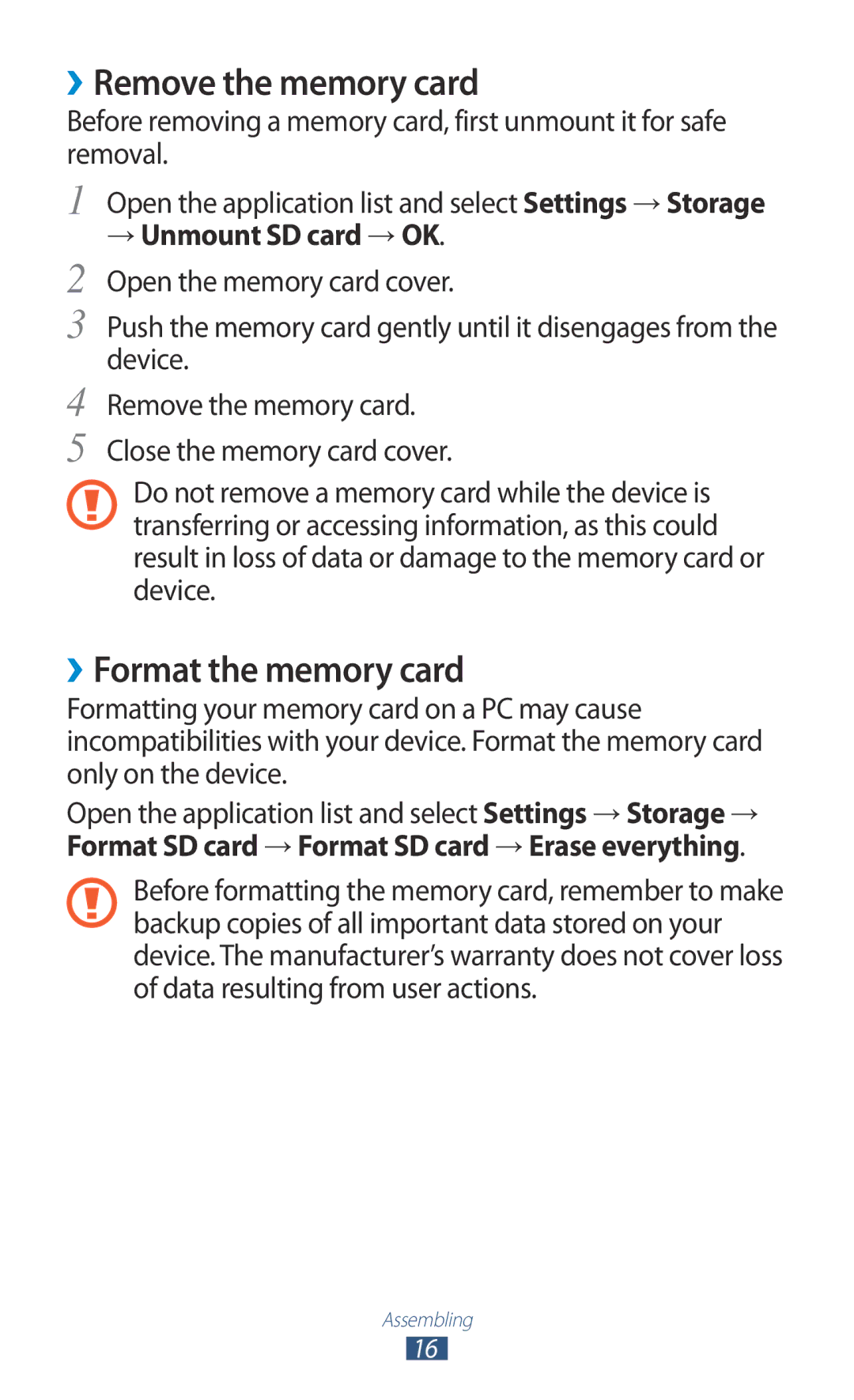 Samsung GT-N8000EAABTU user manual ››Remove the memory card, ››Format the memory card 