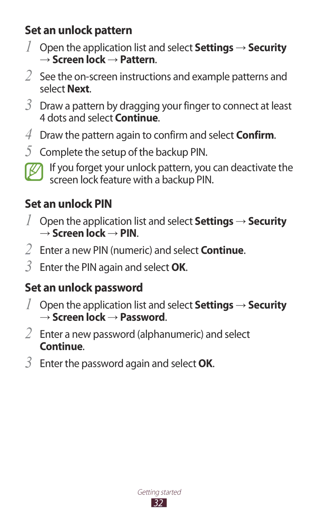 Samsung GT-N8000EAABTU user manual Set an unlock pattern, Set an unlock PIN, Set an unlock password 