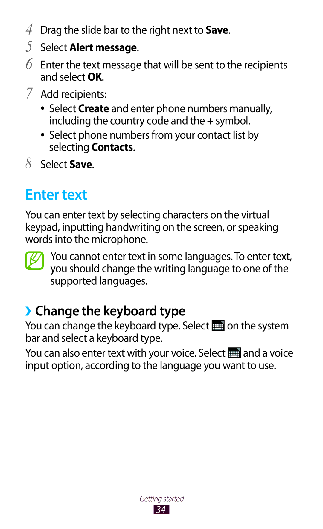 Samsung GT-N8000EAABTU user manual Enter text, ››Change the keyboard type, Drag the slide bar to the right next to Save 