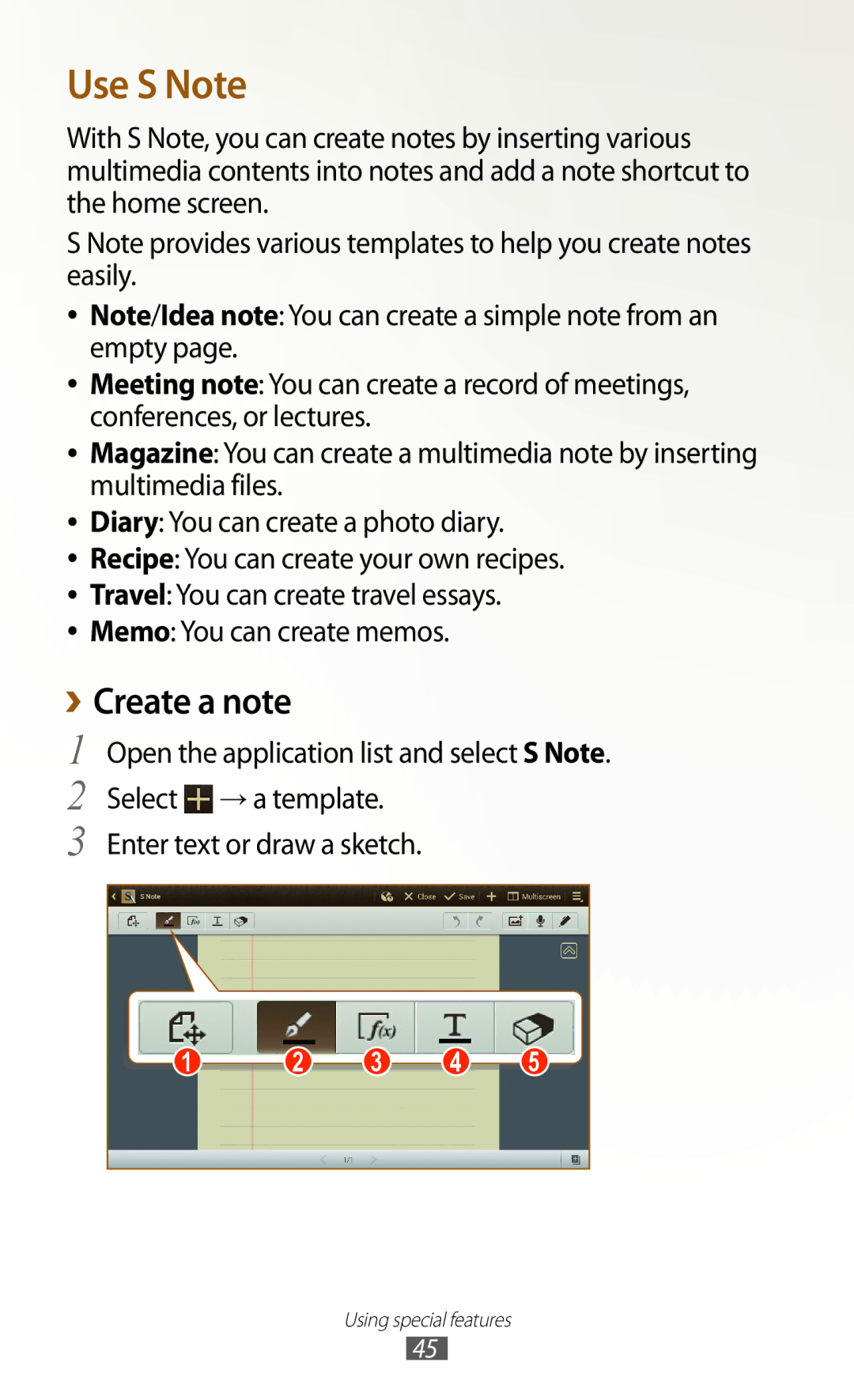 Samsung GT-N8000EAABTU user manual Create a note, Select → a template, Enter text or draw a sketch 