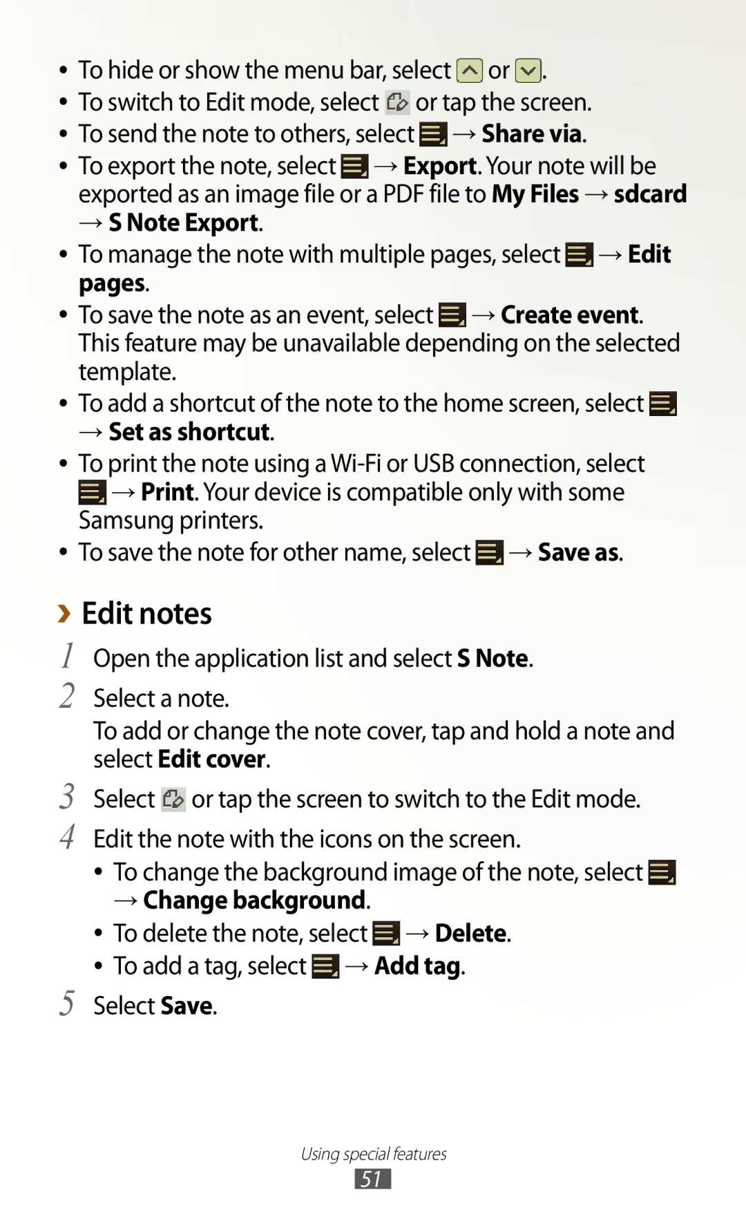 Samsung GT-N8000EAABTU ››Edit notes, To hide or show the menu bar, select or, → S Note Export, → Set as shortcut 