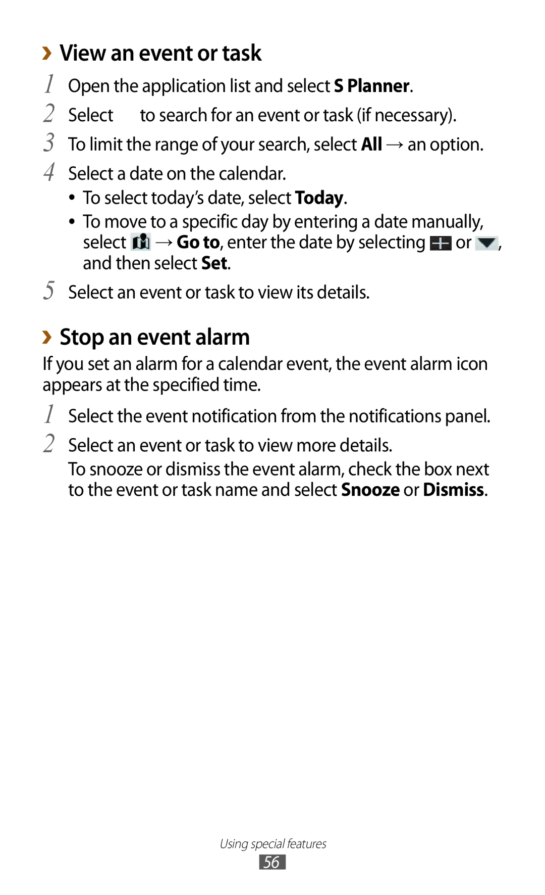 Samsung GT-N8000EAABTU user manual View an event or task, ››Stop an event alarm, Select a date on the calendar 