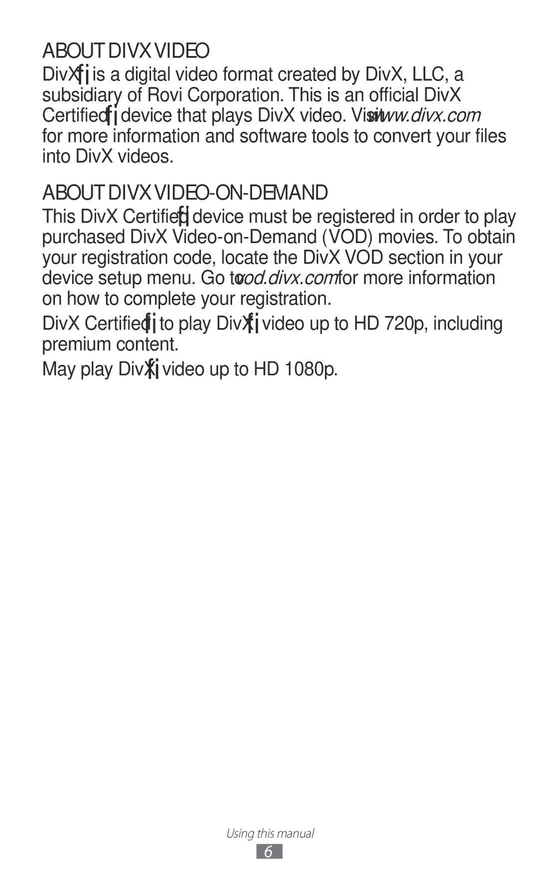 Samsung GT-N8000EAABTU user manual About Divx Video About Divx VIDEO-ON-DEMAND 