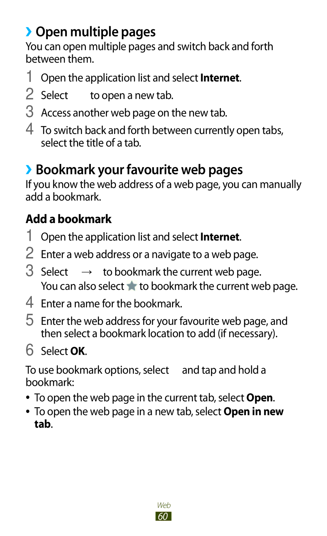 Samsung GT-N8000EAABTU user manual ››Open multiple pages, ››Bookmark your favourite web pages, Add a bookmark, Tab 