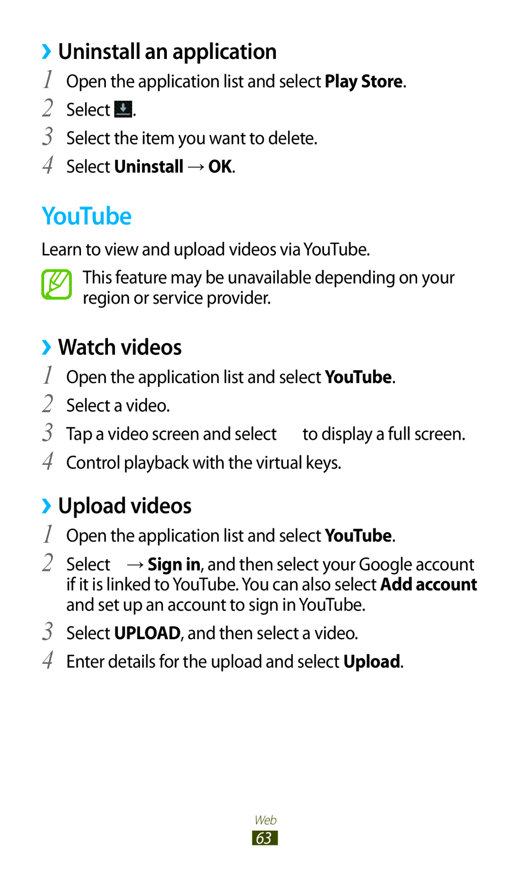 Samsung GT-N8000 user manual YouTube, ››Uninstall an application, ››Watch videos, ››Upload videos, Select Uninstall → OK 