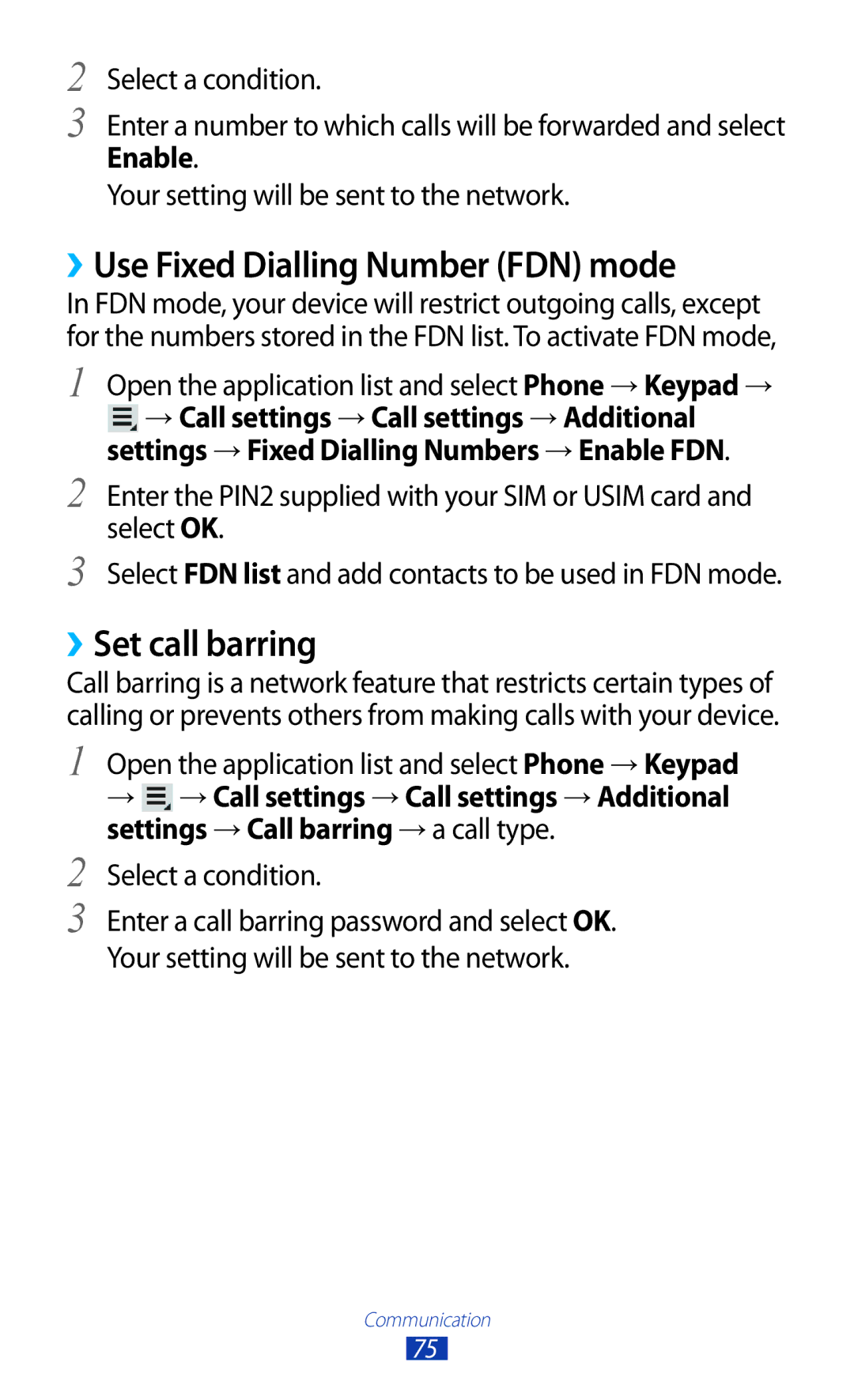 Samsung GT-N8000EAABTU user manual ››Use Fixed Dialling Number FDN mode, ››Set call barring, Select a condition 