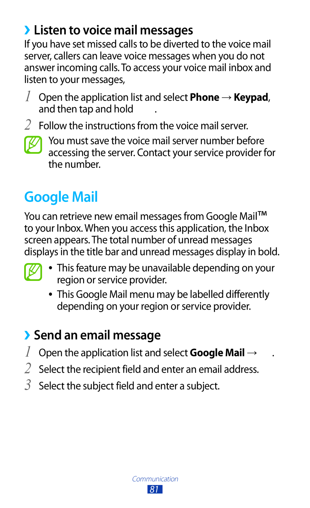 Samsung GT-N8000EAABTU user manual Google Mail, ››Listen to voice mail messages, Send an email message 