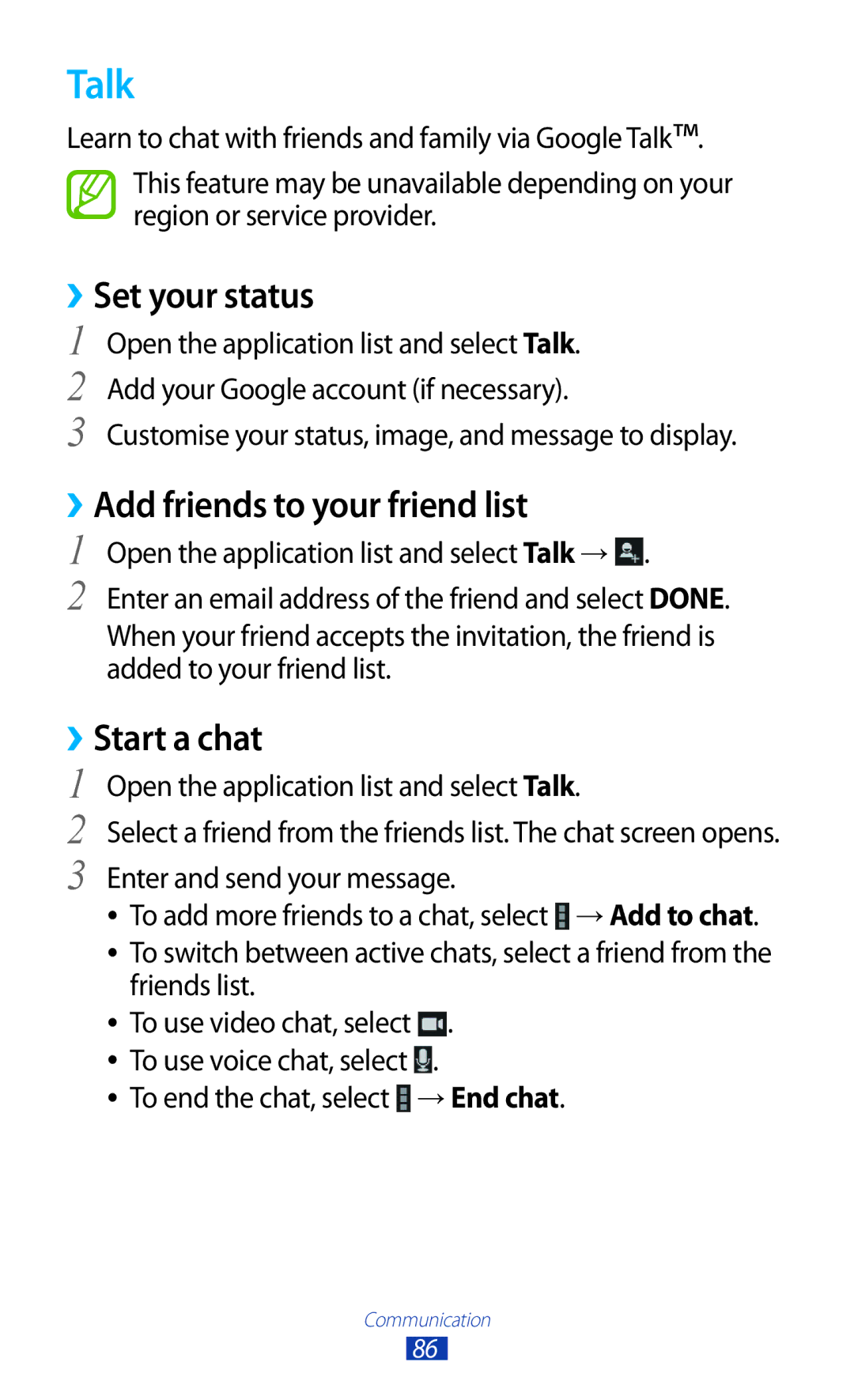 Samsung GT-N8000EAABTU user manual Talk, ››Set your status, ››Add friends to your friend list, ››Start a chat 