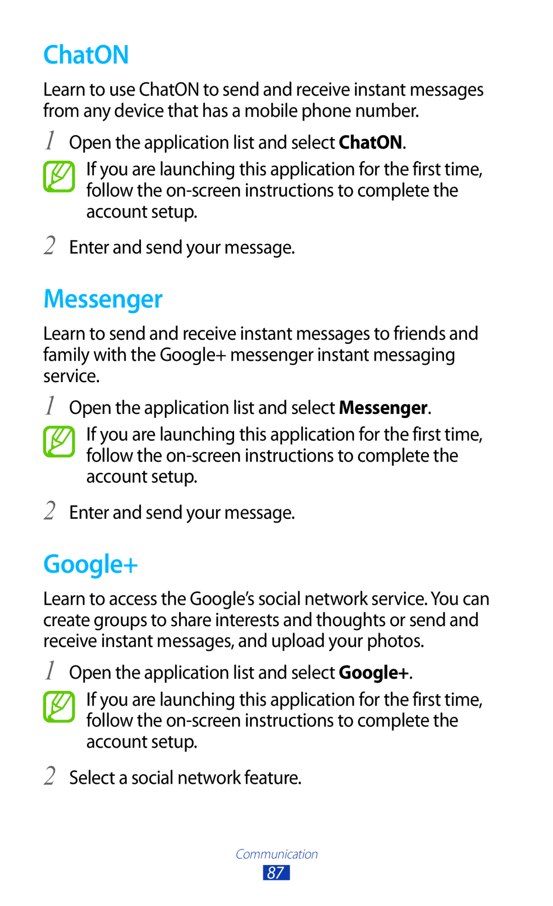 Samsung GT-N8000EAABTU user manual ChatON, Messenger, Google+ 