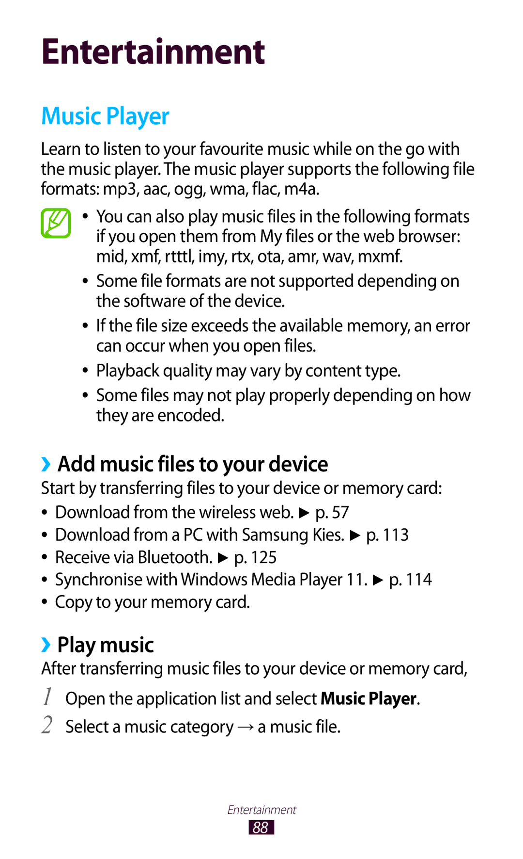 Samsung GT-N8000EAABTU user manual Music Player, ››Add music files to your device, ››Play music 