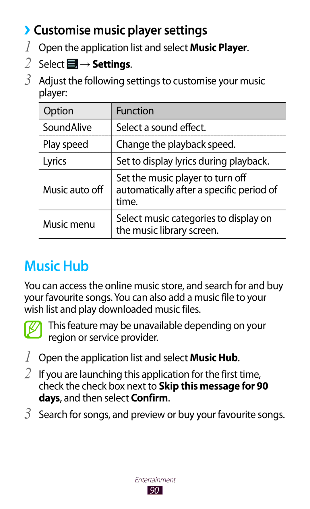 Samsung GT-N8000EAABTU user manual Music Hub, ››Customise music player settings 