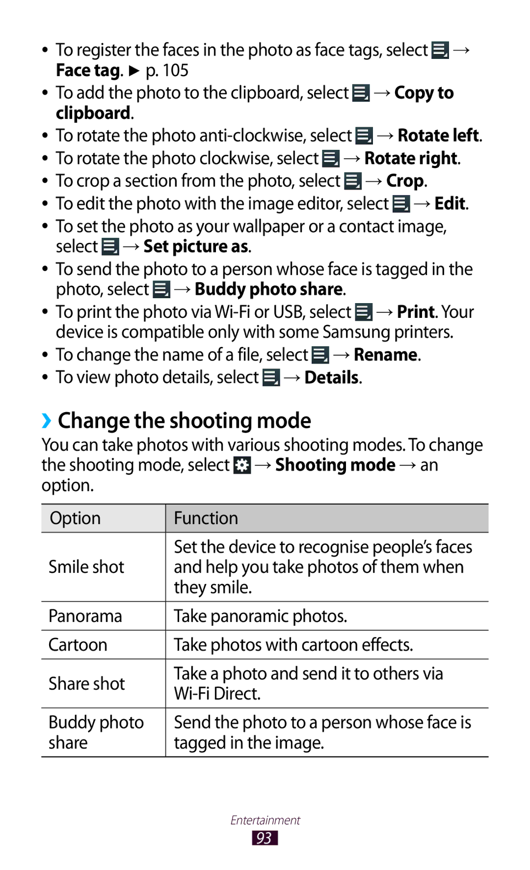 Samsung GT-N8000 user manual ››Change the shooting mode, Face tag. p → Copy to, Clipboard, → Crop, Select → Set picture as 