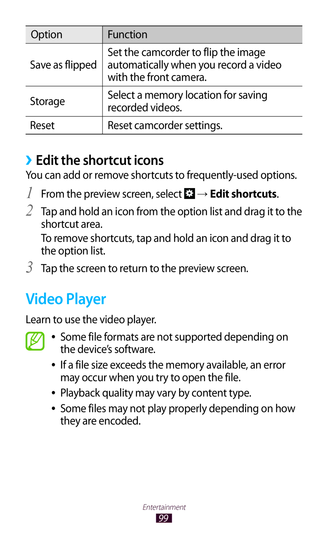 Samsung GT-N8000 user manual Video Player, ››Edit the shortcut icons, Option Function Set the camcorder to flip the image 