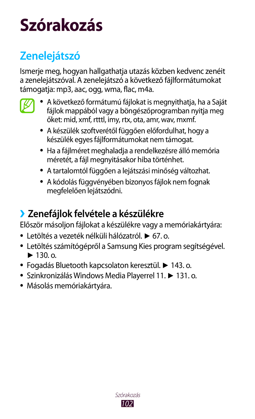 Samsung GT-N8000ZWAATO, GT-N8000EAADBT, GT-N8000ZWAEPL manual Zenelejátszó, ››Zenefájlok felvétele a készülékre, 130. o, 102 