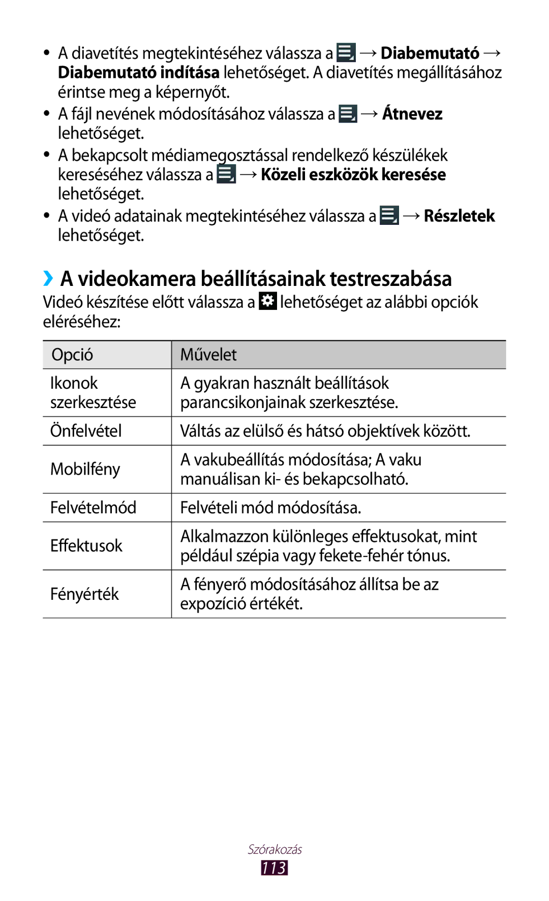 Samsung GT-N8000EAAAUT, GT-N8000EAADBT, GT-N8000ZWAEPL, GT-N8000ZWADBT ››A videokamera beállításainak testreszabása, 113 